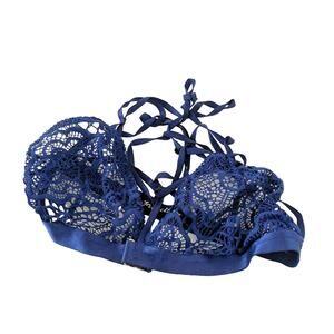 For Love & Lemons Lace Skivvies Strappy Cage Sexy Royal Blue Bra Small Lingerie